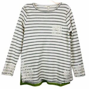 Matilda Jane Womens Tunic Top Grey Ivory Lace Trim Stripe Long Sleeve Size S